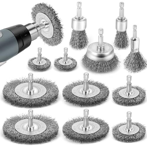 JiangLin 12 Stück Drahtbürste Bohrmaschine Set, 6mm Stahlbürste Akkuschrauber mit Sechskantstange, Stahlbürste Bohrmaschine für Polier Schleifen Entrosten Entgraten