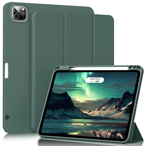 Lsmmpoba Hülle für iPad Pro 11 Zoll (2022/2021/2020/2018) mit Stifthalter, TPU Flexible Rückseite Abdeckung mit Stifthalter, Unterstützt 2. Gen Pencil, Auto Schlafen/Wachen, Kieferngrün