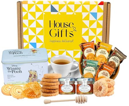 Pooh Bear Traditional Tea Tin Gift Set Including 40 Breakfast Tea Bags, Border Biscuits, Honey Pots & House of Gifts Honey Spoon & Box