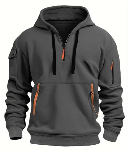 LBL Men's Hoodies Casual Pullover Hooded Sweatshirt Long Sleeve Quarter Zip Hoody Tops With Kangaroo Pocket APH055 Dark Grey L