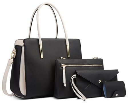 DORRISO Damen Handtaschen 4 Teiliges Set Anti-Dieb Handtasche Umhängetasche Clutchbag Karteninhaber Elegant Reisen Schultertasche für Büro Ernennung Urlaub Einkaufen PU Leder Schwarz