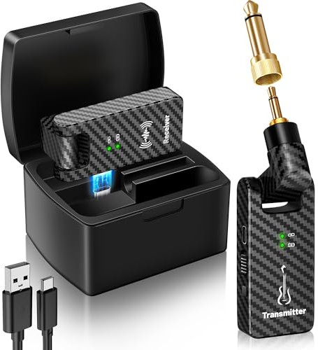 CAHAYA Kohlefaser Kabelloses Gitarrensystem mit Ladecase - 2,4GHz Drahtloses Gitarrensender und Empfänger Plug-and-Play 30m Reichweite im Außenbereich - 4 Kanal für E-Gitarre, Bass