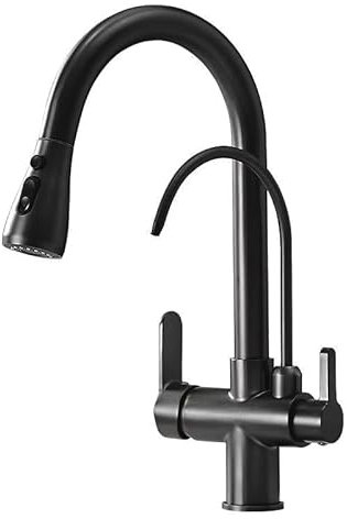 FQYEP Robinet de Cuisine 3 Voies Rotation 360° 2 Modes Robinet Rabattable Cuisine avec Douchette avec Filtre à Eau Eau Chaude Et Froide Noir