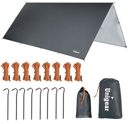 Unigear Tarp 4x4 wasserdicht, Zeltplane für Hängematte mit Ösen + 8 Erdnägel + 8 Seilen, Regenschutz Sonnenschutz für Ourdoor Camping MEHRWEG