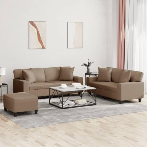 CCCINER 3-TLG. Sofagarnitur mit Kissen Cappuccino-Braun Kunstleder,Luxuriöses Ledersofa mit Hocker Bequeme Sitzgarnitur für Wohnzimmer & Entspannung Sofas & Couches