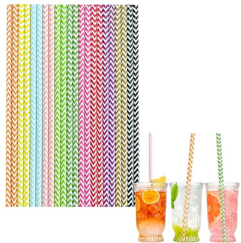 100 stück Wellenmischung Strohhalme Papier Lackfarben, 20cm Papierstrohhalme Einweg Trinkhalme Biologisch Abbaubare Cocktail Strohhalme Drinking Straws für Geburtstag,Weihnachten,Hochzeit,Party