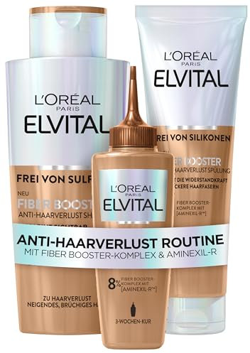 L'Oréal Paris Fiber Booster Anti-Haarverlust Routine langes Haar, Shampoo, Spülung & Serum für volleres Haar, Gegen Haarausfall, Weniger Haarbruch, Elvital, Shampoo + Serum + Spülung