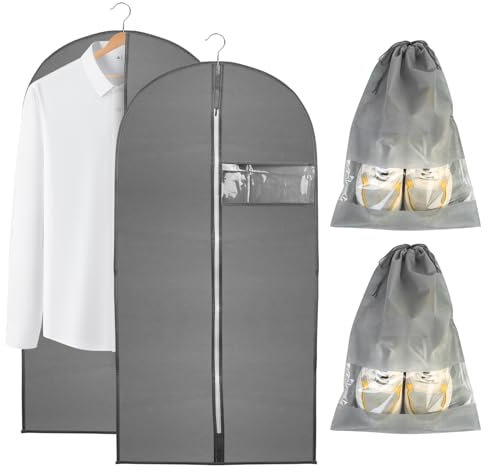 Tenbrachian 2 Pz Custodie per Abiti & 2 Pz Borse per Scarpe, Borsa Porta Abiti 60 x 120 cm, Copriabiti Antipolvere, Custodie Abiti Armadio, Porta Abiti da Viaggio per Camicia Costumi Giacca(grigio)
