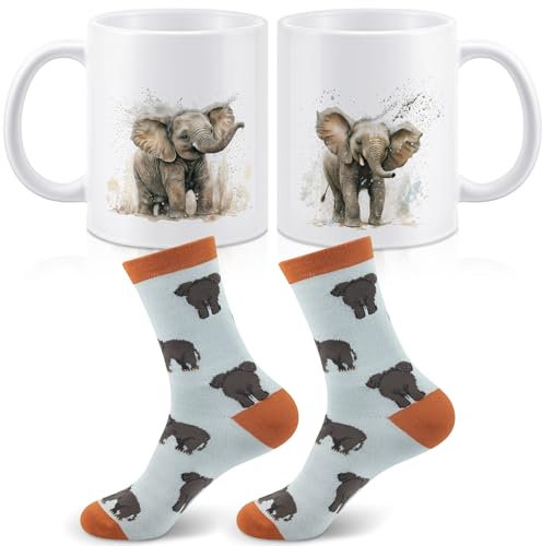 JadiveJadive 2 Pieces Elephant Gift Set for Women Include 1 Elephant Ceramic Mug and 1 Pair of Elephant Socks for Elephant Women Birthday Party Gifts