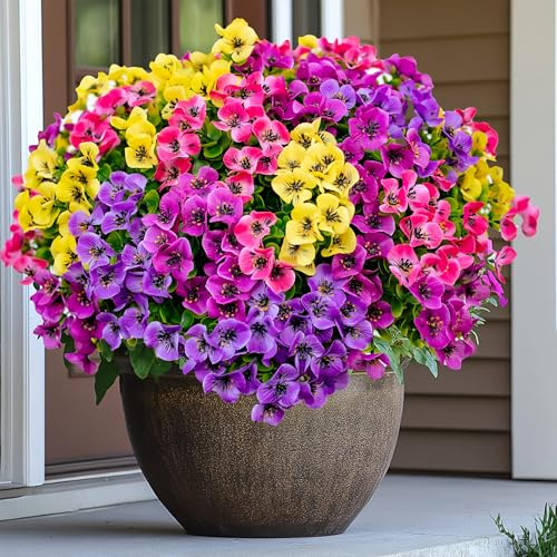 AXYLEX Artificial Pansies Outdoor, 16 Bundles Fake Plants (Yellow Mix) | UV resistant faux pansy flowers, no fade – garden, patio, porch, window box, planter & hanging basket decor