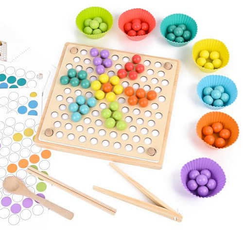 Gaethra Montessori Spielzeug ab 3 Jahre, Holz Clip Beads Brettspiel, Vorschule Farben Sortier Stapelspielzeug, Feinmotorik Spielzeug, Verbessern sie die Hand Auge Koordination, für Kinder ab 3 Jahren