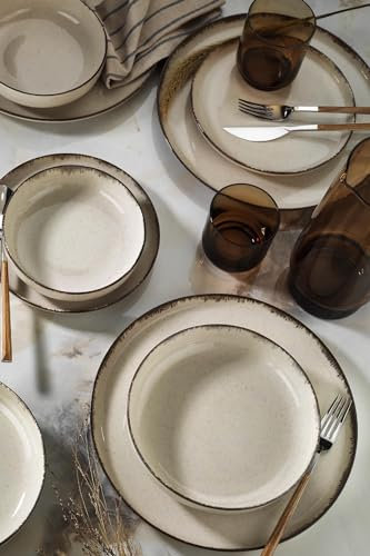 Élégant service à dîner, 16 pièces, 100% porcelaine, couleur crème | Comprend 4 assiettes de service (24 cm), assiettes à dessert (21 cm), assiettes (20 cm), bols (15 cm) | Passe au lave-vaisselle et