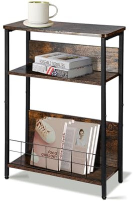 JF HOME BLISS Vintage bedside table Narrow Side Table with Storage Shelf, 3-Tier Modern Small Bedside Sofa Slim End Table with Magazine Rack for Living Room, Hallway,Bedroom, Space Saving (Brown)