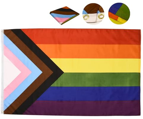 Progress Pride Flagge, 60 x 90 cm, für den Außenbereich, inklusive LGBTQ-Unterstützung, Gay Pride, Regenbogen-Flaggen, Premium-Banner mit 2 Messingösen, Dekoration
