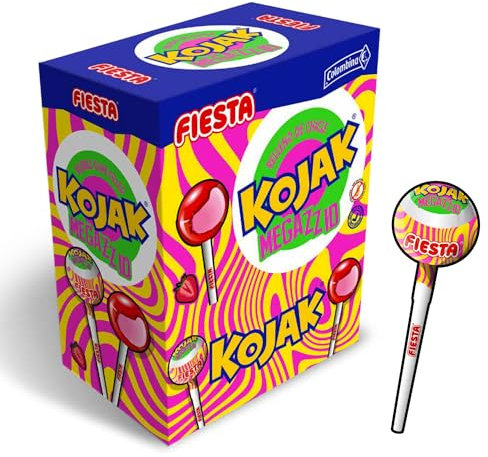 Kojak Caramelo con Palo MEGAZZID Relleno de Chicle - Caja de 100 unidades - Kojak Sabor Fresa Acida - Super Acido - FIESTA - Fresa