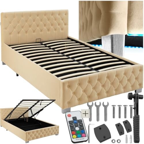 tectake® Chesterfield Schlafzimmer Bett mit Bettkasten, Polsterbett, Bett mit Stauraum, Doppelbett, Jugendbett, King Size Bed, Schlafbett, Gaming Bett mit LED, beige, 120 x 200 cm