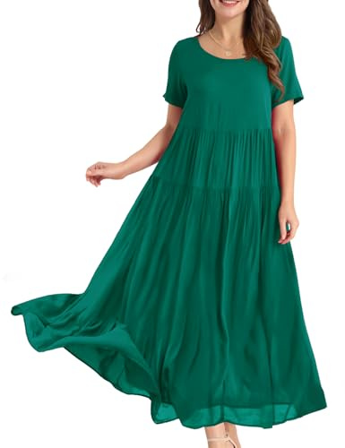 YESNO Women Dresses Casual Plus Size Bohemian Short Sleeve Floral Long Maxi Summer Beach Swing Dress/Pockets S EJFUK DarkGreen