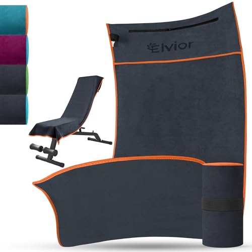 Elvior Fitness Handtuch - 120x50cm Sporthandtuch - rutschfest Gym Handtuch aus Mikrofaser mit Reißverschlusstasche für Fitnessstudio, Yoga und Sport (Dunkelgrau/Orange)