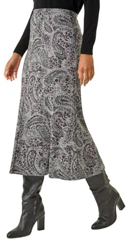 Roman Tulip Fluted Skirt for Women UK - Ladies Paneled Autumn Winter Soft Evening Work Party Night Out Office Thick Work Floral Check Paisley Print Vacation Comfy - Grey Paisley - Size 14