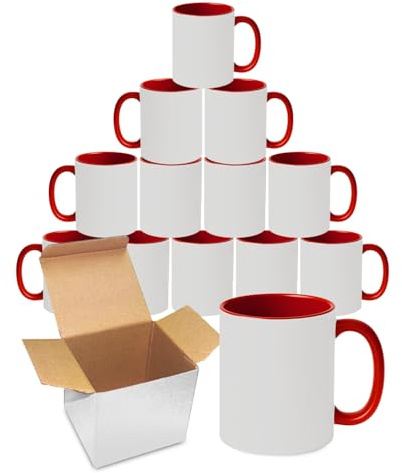 Sublimation Mugs | 11oz Blank, Coloured Handle and Inner Cup with Box | Coffee Mug for Heat Press & DIY Printing | Durable Ceramic, Plain Mugs for Tea, Latte, Hot Drinks & Gift | Red Pack of 12