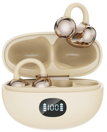 AZJLOOF Sport Cuffie Bluetooth 5.4, Ultraleggero 4.3g,LED Schermo, Design Aperto, Stereo HiFi On Ear, Android & iOS,IPX5,Clip Orecchio Elegante Wireless Auricolari ad Alte Prestazioni (blanc)