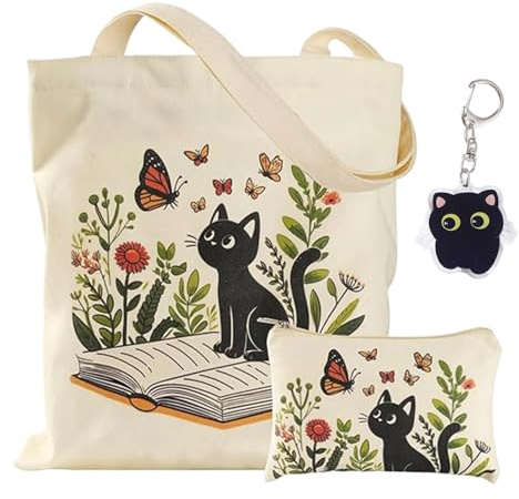 ZXTGBQ 3 Pcs Cat Canvas Tote Bag and Makeup Bag with a Keyring Black Cat Gifts for Women Gifts Casual Bags for Shopping Work Travel Birthday