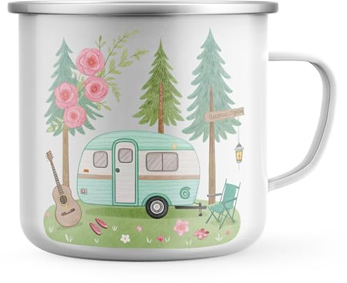 Purple Print House Floral Camping Enamel Mug for Women - Retro Style Caravan and Pink Flowers Metal Tea Coffee Cup for Campers - Outdoor Lover Gift