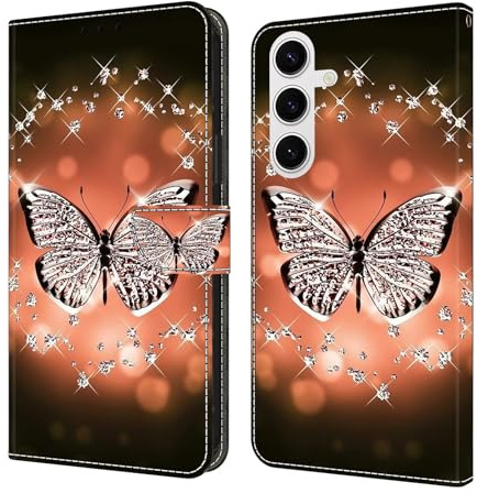 CLM-Tech Handyhülle kompatibel mit Samsung Galaxy S26 Hülle - Tasche aus PU Leder - Klapphülle mit Ständer und Kartenfächern - Schutzhülle Wallet Case Cover Schmetterling Diamanten Muster