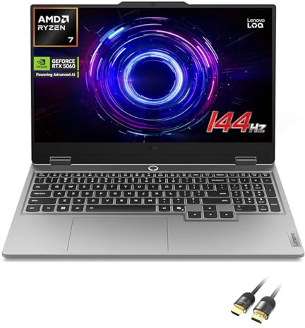 Lenovo LOQ RTX 5060 Gaming Laptop, 15.6 FHD 144Hz, AMD Ryzen 7 250, NVIDIA GeForce RTX 5060, 16GB DDR5 RAM, 512GB SSD, 5MP Camera, Ethernet, Backlit KB, PDG HDMI Cable, US Version KB, Win 11 Home