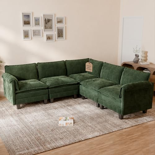 ELUCHANG Modulares Sofa L-Form, 250cm Breit Ecksofa 5-Sitzer, Chenille Couch mit 62cm Sitztiefe, Schlafsofa-Funktion, Werkzeuglose Montage, Wohnzimmer & Gästezimmer, Grün