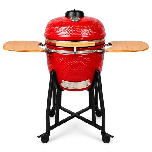 21 Inch Kamado BBQ Grill, Ceramic Charcoal BBQ Egg Smoker, Outdoor Barbeque Grill, Charcoal Grill with Stand, Shelves & Thermometer (Red, 21)