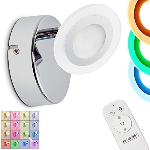 LED Wandleuchte Lucy, dimmbare Wandlampe aus Metall in Chrom, 1-flammiger Wandspot mit verstellbarem Strahler, 5 Watt, 350 Lumen, Lichtfarbe 3000 Kelvin, mit RGB Farbwechsler und Fernbedienung