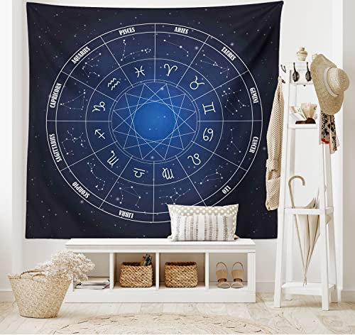 ABAKUHAUS Astrologie Wandteppich, Zodiac Daten in Space aus Weiches Mikrofaser Stoff Waschbar ohne Verblassen Digitaldruck, 150 x 110 cm, Dunkelblau Weiß