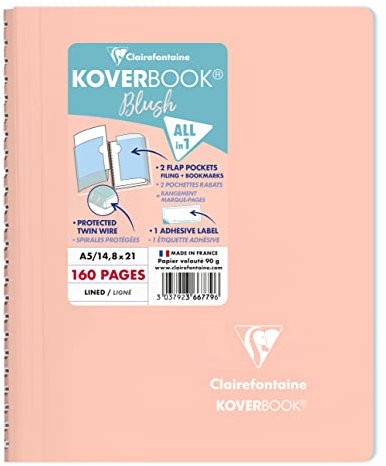 Clairefontaine 366779C Spiralblock Koverbook Blush, DIN A5, 14,8 x 21cm, 80 Blatt, liniert, 1 Stück, Korallenrot / Eisblau