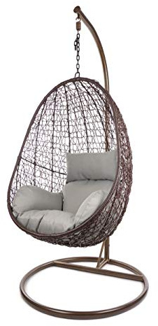 Kideo Komplettset: Hängesessel mit Gestell & Kissen, Lounge-Möbel, Poly-Rattan (Gestell- und Korbfarbe: braun, Kissen: grau Nest (8008 Cloud))