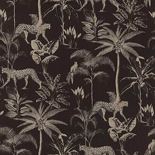 Savannah Black Gold Wallpaper Textured Shimmer Cheetah Palm Tree Jungle Tropical