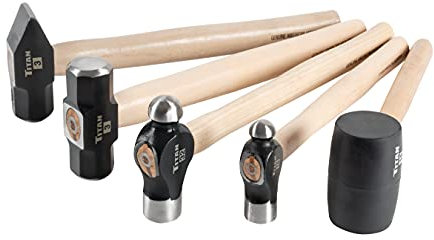 Titan 5-Piece Hickory Wood Handle Hammer Set - 16oz & 32oz Ball Pein, 16oz Rubber Mallet, 3lb Sledge & Cross Peen Hammer