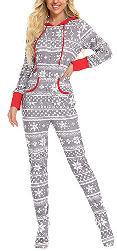 BUDAOWENG Combinaison Pyjama Femme Noel Grenouillère Capuche à Manches Longues avec Fermeture Zip Vêtements De Nuit Grande Taille Décontractée Ensemble De Pyjama Une Pièce Et Imprimé Flocon De Neige