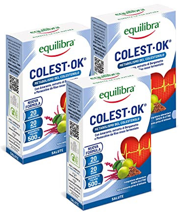 Equilibra Integratori Alimentari, Colest Ok, Integratore con Amaranto, Estratto di Bergamotto Italiano, Monacoline da Riso Rosso Fermentato, per il Metabolismo del Colesterolo, 3 Pezzi da 20 Compresse