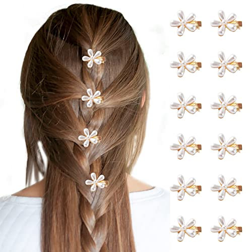 VEGCOO 12 Pcs Mini Pinces à Cheveux en Perles avec Motif de Fleurs, Barrette à Cheveux Perle Mignonne Accessoires Cheveux Femme, Pinces à Cheveux Antidérapantes pour Femmes Filles Coiffure(Style B)