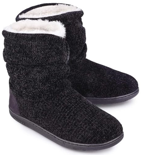 LongBay Damen Stiefel Hausschuhe Chenille Strickwarme mit Memory Foam Weiches Fleece Booties
