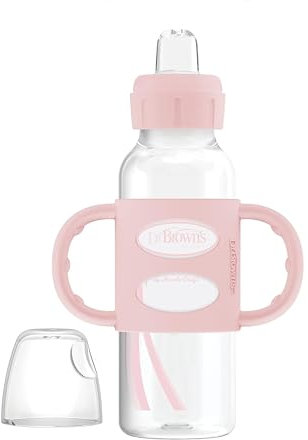 Dr. Brown’s Narrow Transitional Sippy Bottle with Silicone Handles 8oz 250mL Pink 1-Pack