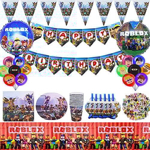 PiliStar Roblox Happy Birthday 115 PCS Ustensiles de Décoration Roblox Comprenant Fanions, Nappe, Assiettes, Tasses, Serviettes, Blow Dragon et Ballons pour 10 invités