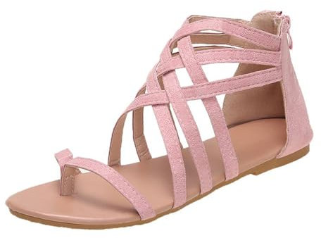 Femmes Gladiator Sandales Plates String Croix Lacets Zip été Peep Toe Chaussures Romaines Cheville Flops Flip(Rose,39 EU