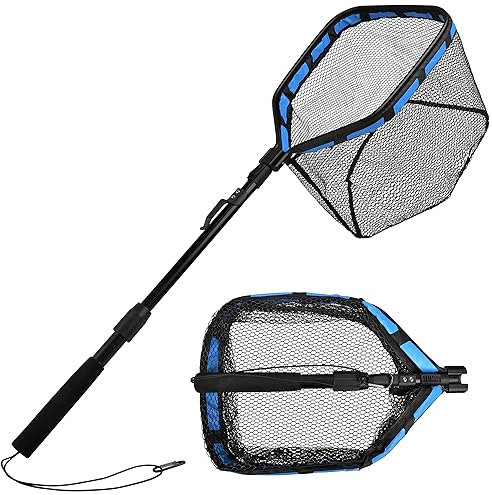 Telescopic Fishing Landing Net Compact & Foldable Fish Net with EVA Foam Collapsible Extensible Rubber Coated Net for Steelhead, Salmon, Fly, Kayak, Bass, Trout Fishing