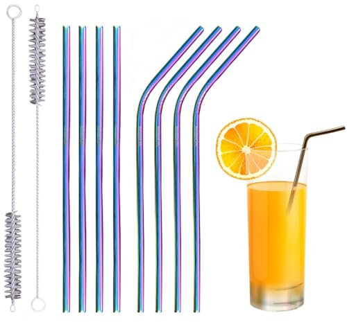 Set of 10 Metal Straws Drinking (4 Straight + 4 Bent + 2 Cleaners), 8.5” Eco-Friendly Reusable Straws | Stainless Steel Drinking Straw for Tumbler, Cocktail with Travel case (Rainbow)
