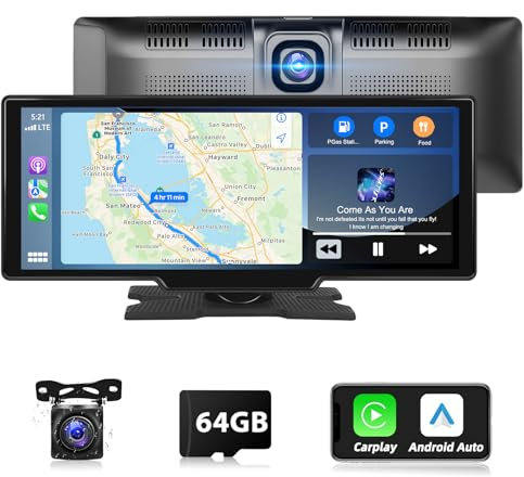 Podofo Wireless A-pple Carplay Android Auto Tragbares Autoradio, 9,3-Zoll-HD-Touchscreen-Autoradio für Autos/SUVs/Vans/Pickups und Trucks, Fahrtenschreiber & Rückfahrkamera & 64G-TF-Karte