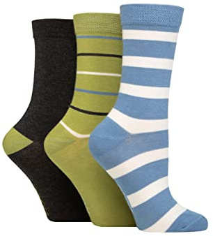 SockShop Ladies’ Plain Patterned Striped Bamboo Socks Soft Breathable Socks Assorted Colours 4-8 Pack of 3 (Spanish Moss Stripe)