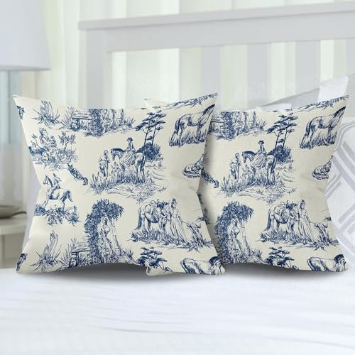 chiinvent Französischer Landhaus-Kissenbezug, Vintage-Toile-Leinen, dekorativer Wurfkissenbezug für Schlafzimmer, Sofa, Wohnzimmer, Couch, Stuhl, Büro, 40,6 x 40,6 cm, Blau und Beige, 2er-Set