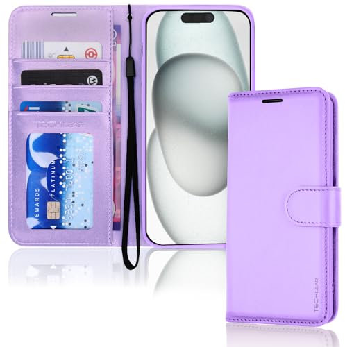 TECHGEAR iPhone 15 Leather Wallet Case, Flip Protective Case Cover with Wallet Card Holder, Stand and Wrist Strap - Purple PU Leather with Magnetic Closure for iPhone 15 6.1